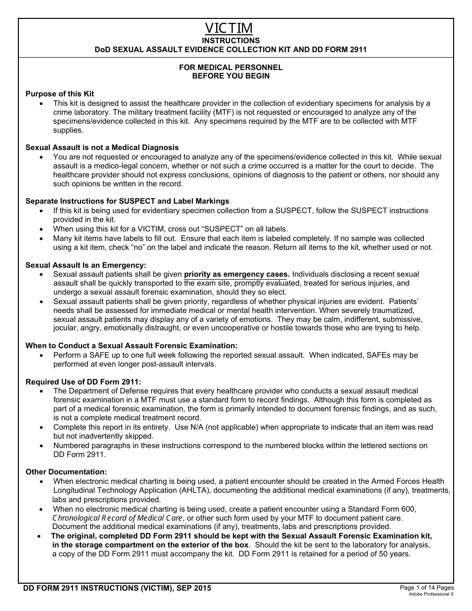 Instructions for DD Form 2911 DoD Sexual Assault Forensic Examination (Safe) Report - Victim, Page 1