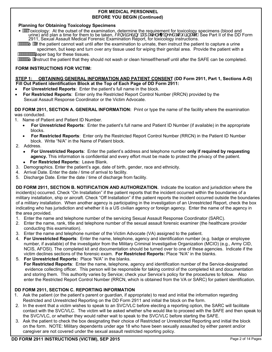 Instructions for DD Form 2911 DoD Sexual Assault Forensic Examination (Safe) Report - Victim, Page 2