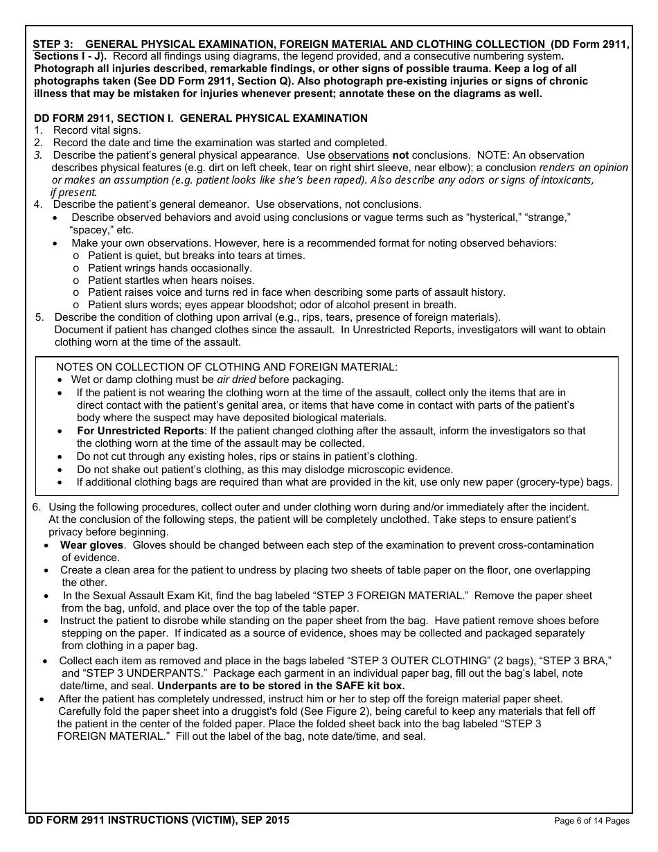 Instructions for DD Form 2911 DoD Sexual Assault Forensic Examination (Safe) Report - Victim, Page 6