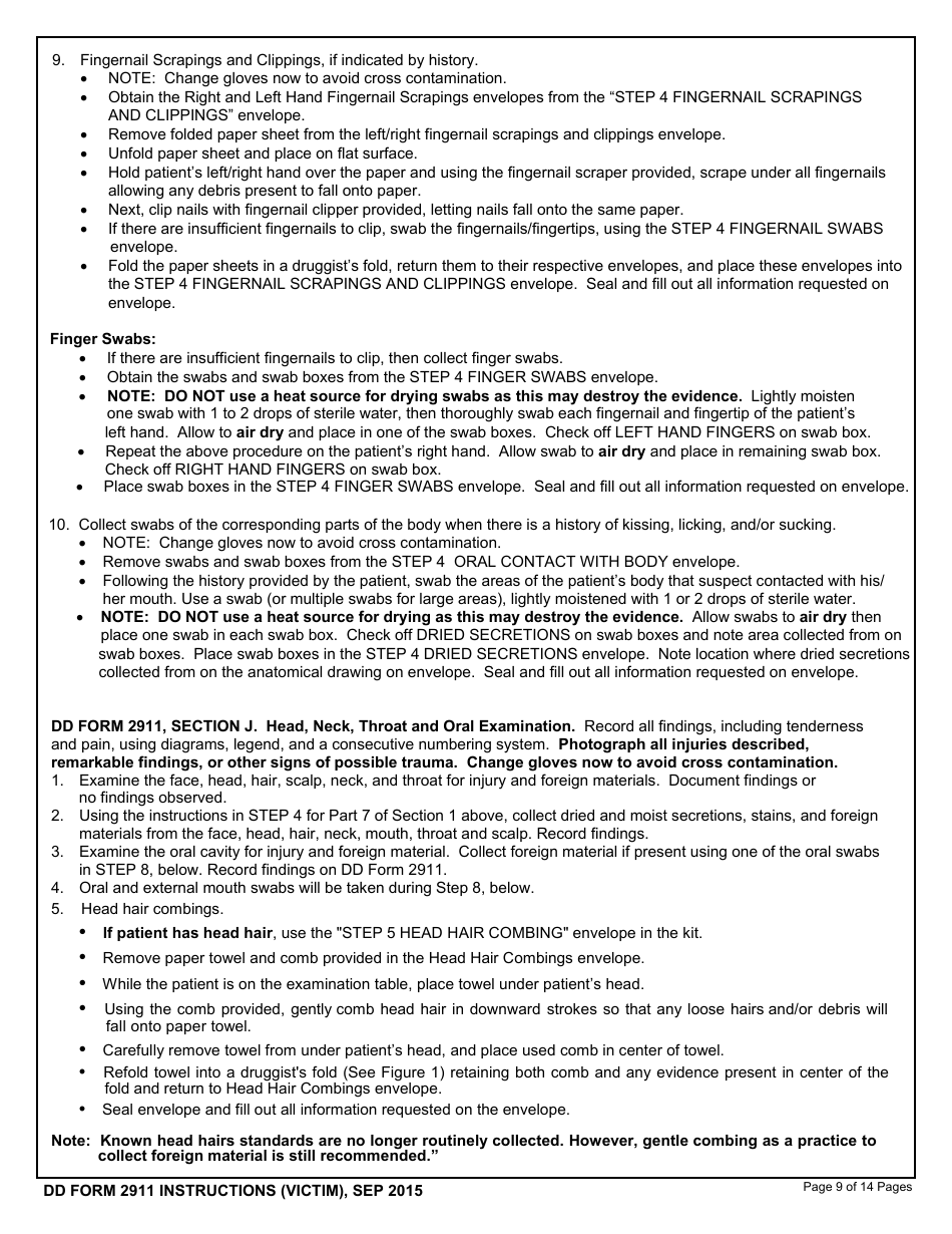 Instructions for DD Form 2911 DoD Sexual Assault Forensic Examination (Safe) Report - Victim, Page 9