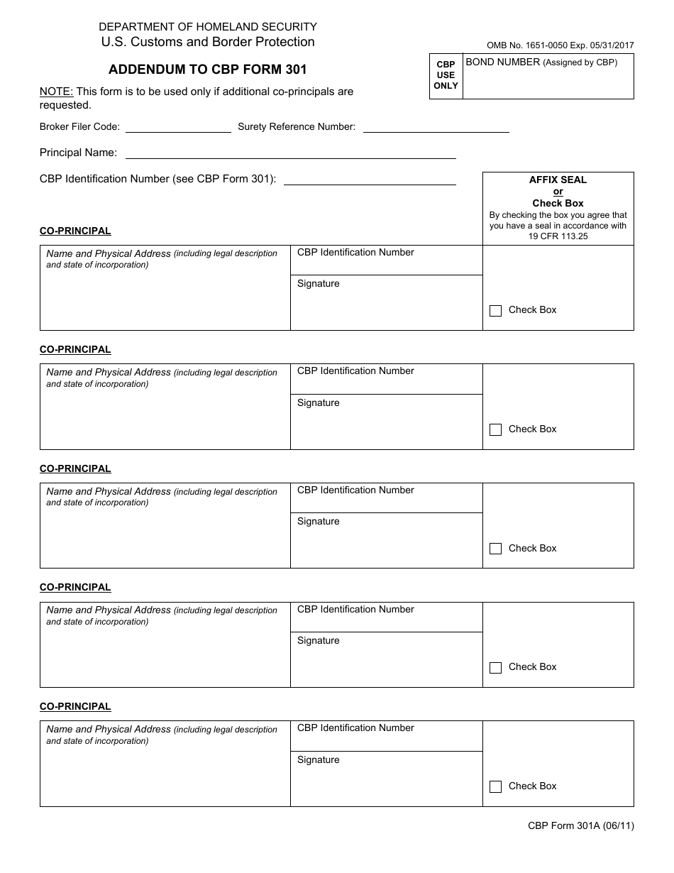 CBP Form 301A Addendum to CBP Form 301, Page 1
