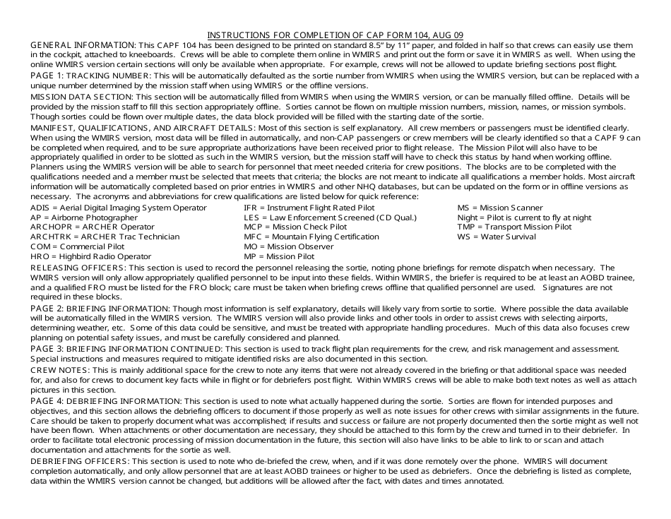 CAP Form 104 Mission Flight Plan / Briefing Form, Page 3