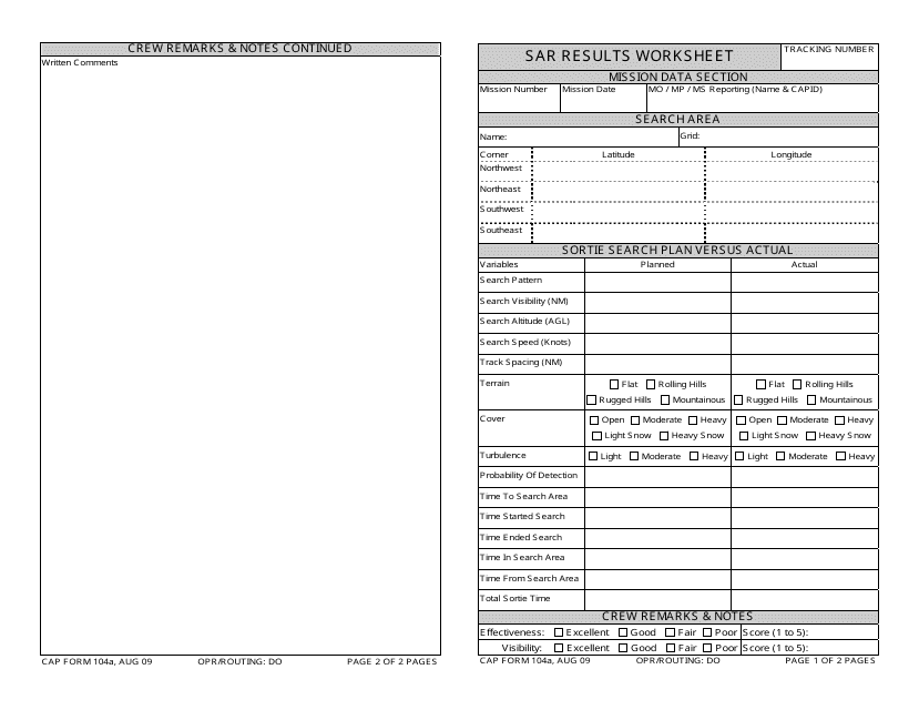 CAP Form 104A Sar Results Worksheet