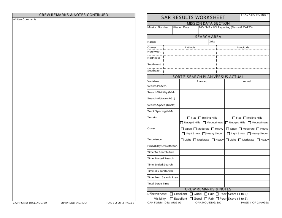 CAP Form 104A Sar Results Worksheet, Page 1