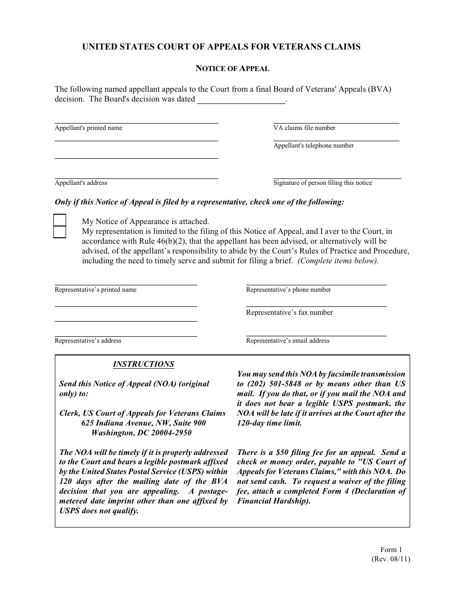 Form 1 Notice of Appeal, Page 1