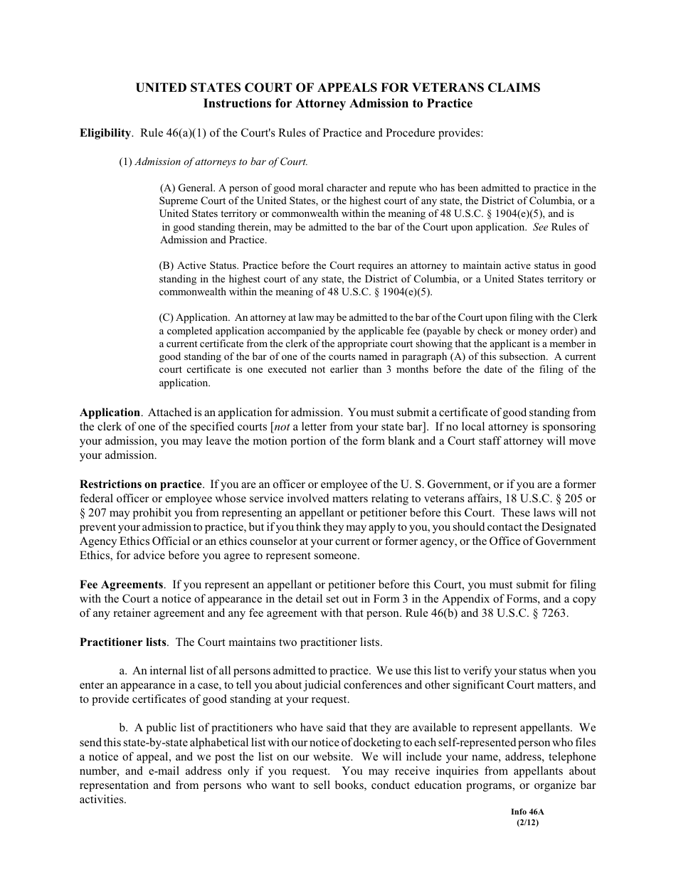 Form 46A Application for Admission of an Attorney to the Bar of the United States Court of Appeals for Veterans Claims, Page 1