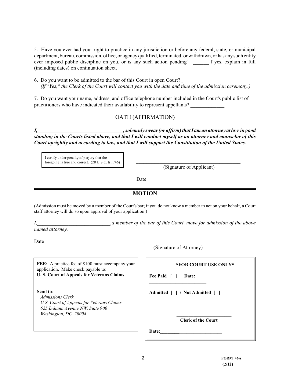 Form 46A Application for Admission of an Attorney to the Bar of the United States Court of Appeals for Veterans Claims, Page 3