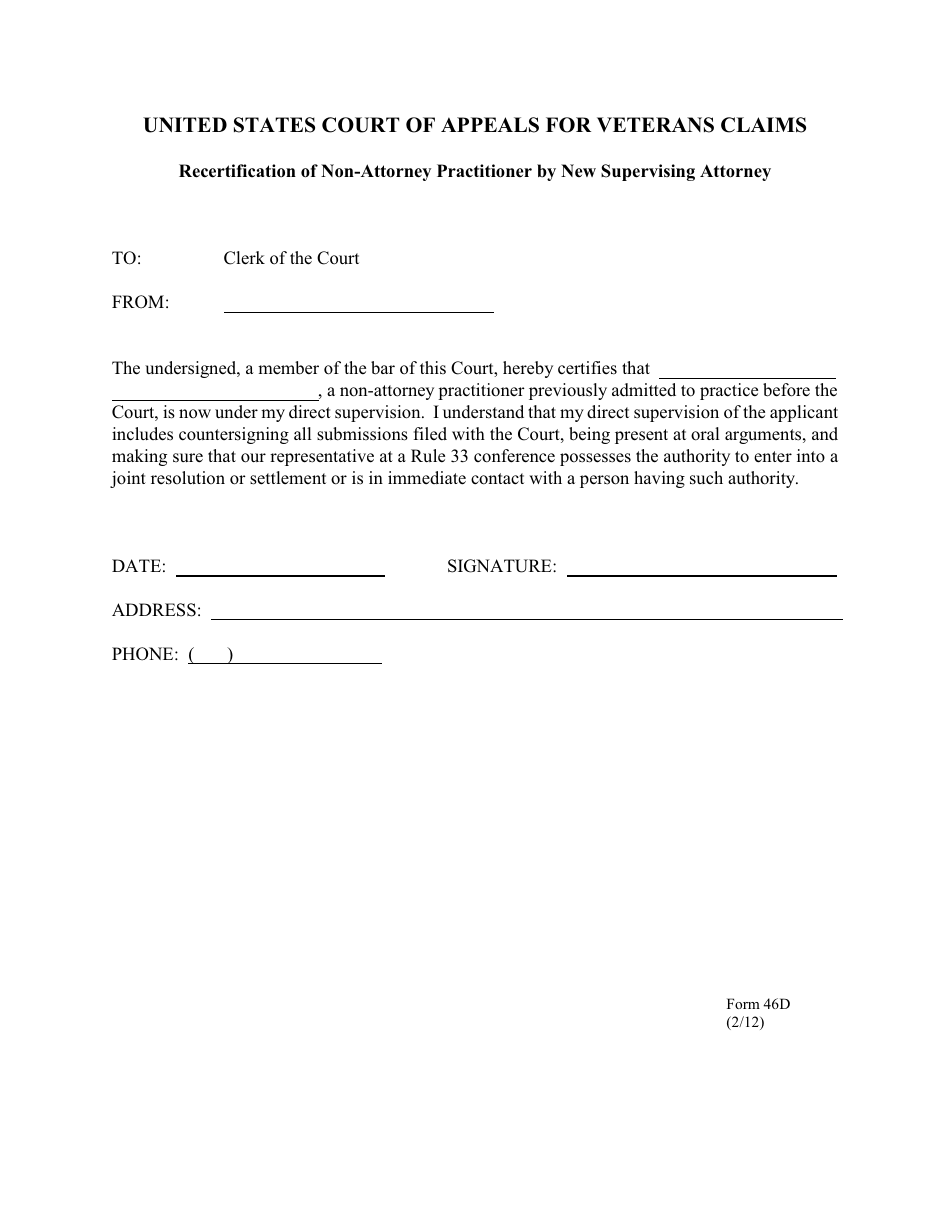 Form 46D Recertification of Non-attorney Practitioner by New Supervising Attorney, Page 1