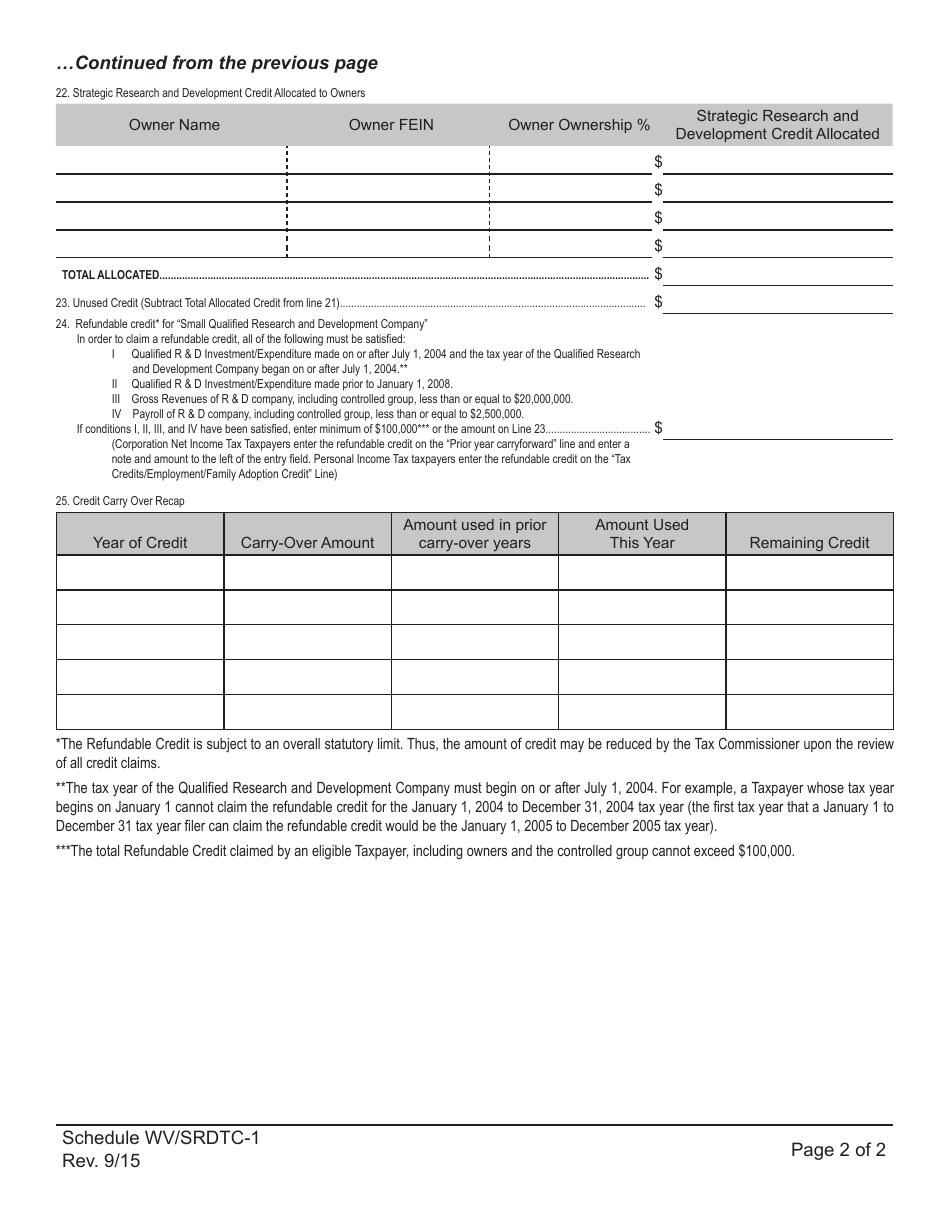 Schedule WV / SRDTC-1 Strategic Research and Development Tax Credit - West Virginia, Page 2
