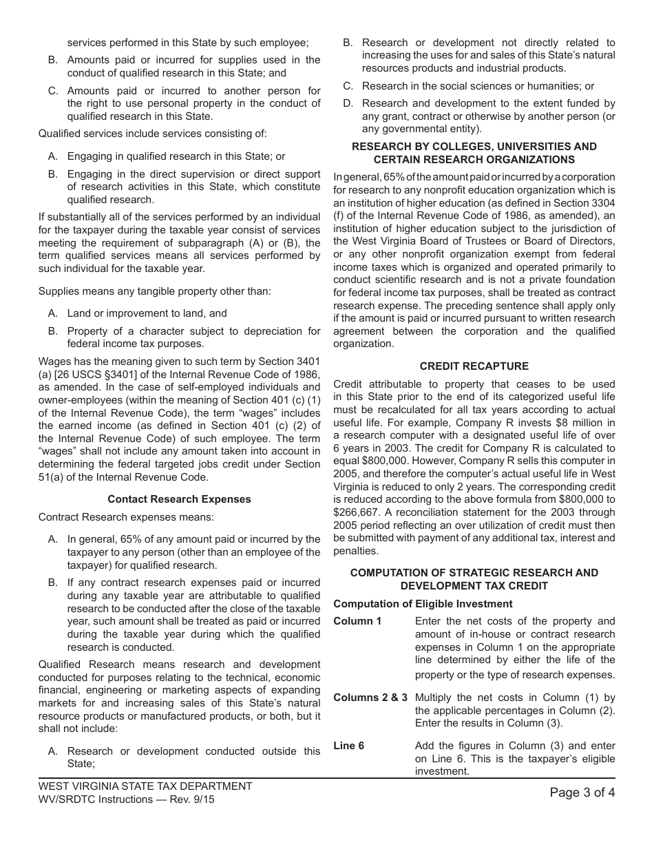 Instructions for Form WV / SRDTC-1 West Virginia Strategic Research and Development Tax Credit - West Virginia, Page 3