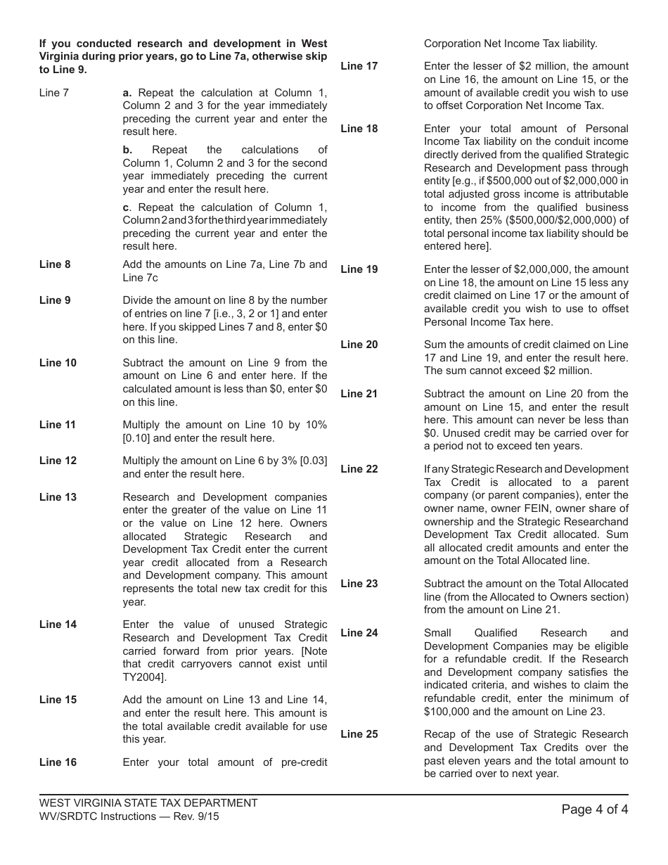 Instructions for Form WV / SRDTC-1 West Virginia Strategic Research and Development Tax Credit - West Virginia, Page 4