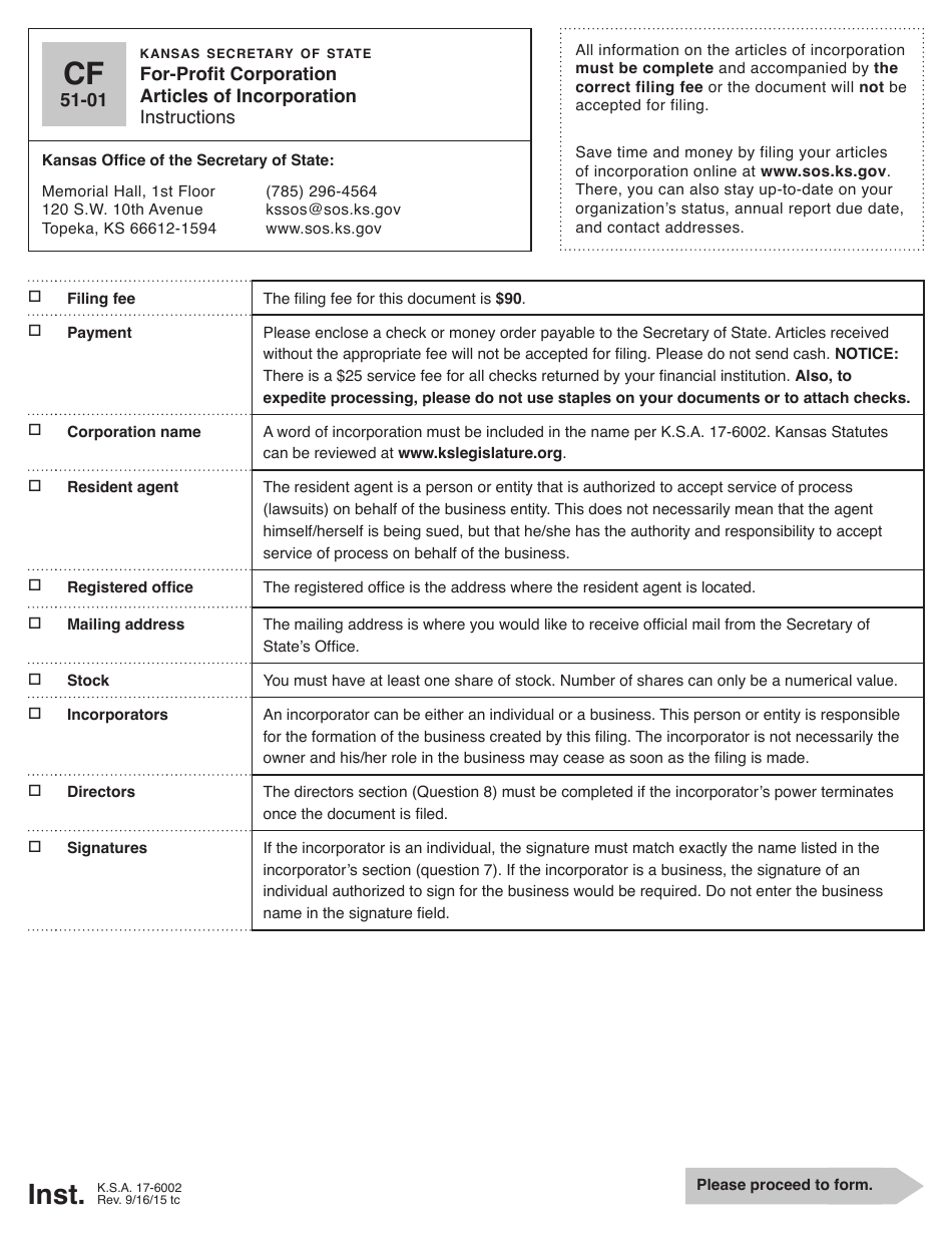 Form CF51-01 Articles of Incorporation for-Profit Corporation - Kansas, Page 1