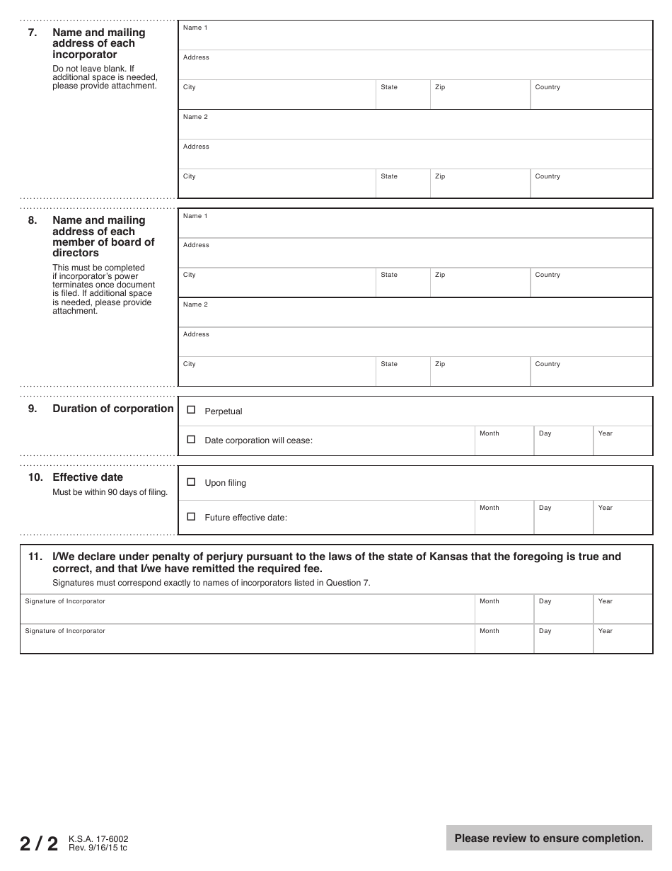 Form CF51-01 Articles of Incorporation for-Profit Corporation - Kansas, Page 3
