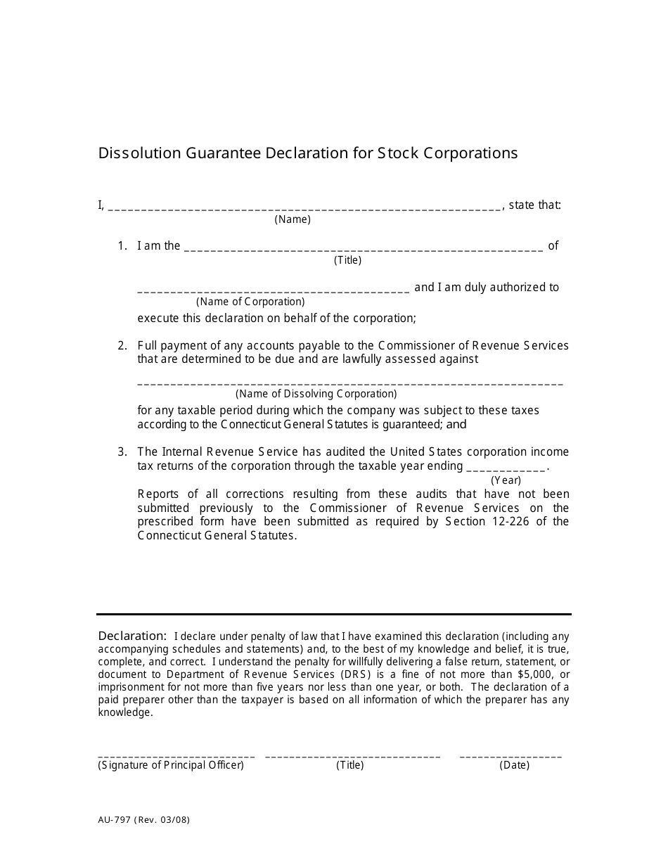 Form AU-797 Dissolution Guarantee Declaration for Stock Corporations - Connecticut, Page 1