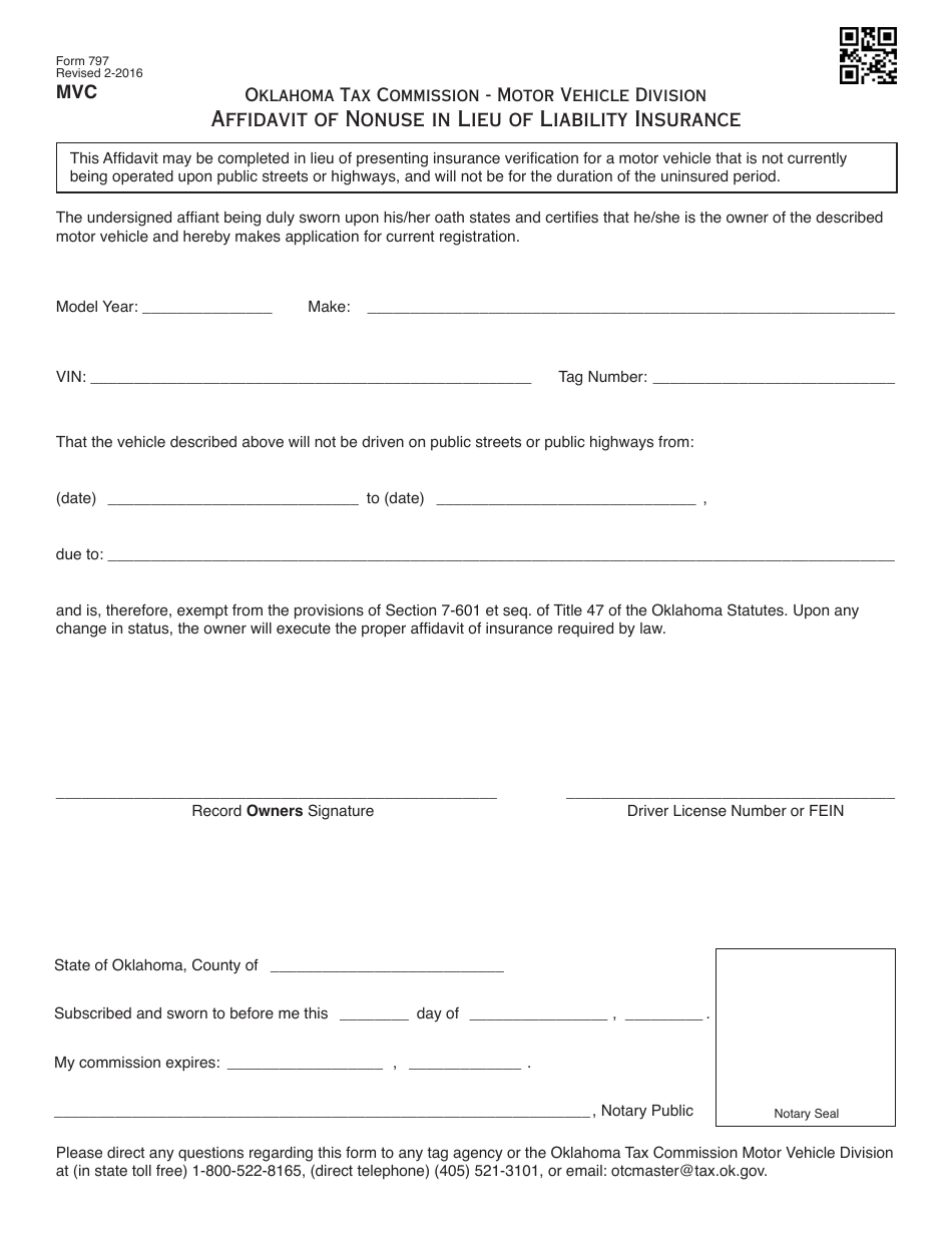 OTC Form 797 Affidavit of Nonuse in Lieu of Liability Insurance - Oklahoma, Page 1