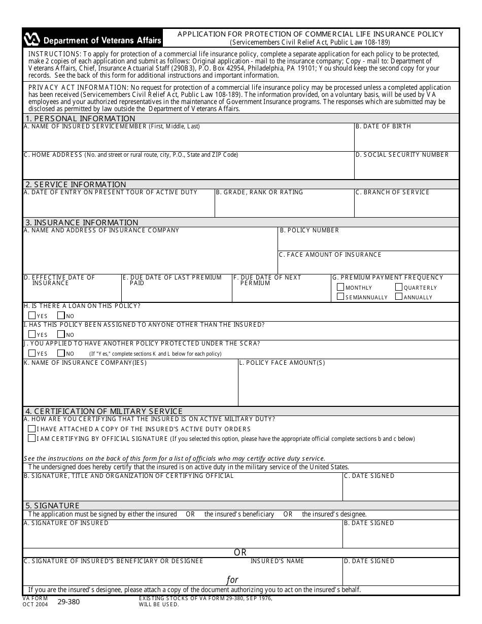 VA Form 29-380 Application for Protection of Commercial Life Insurance Policy, Page 1