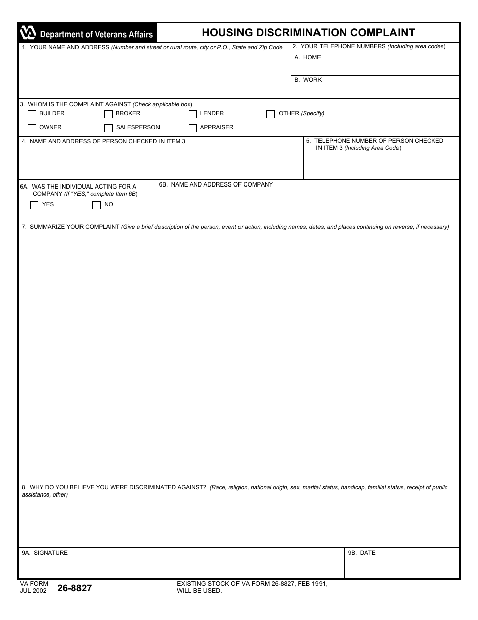 VA Form 26-8827 Housing Discrimination Complaint, Page 1