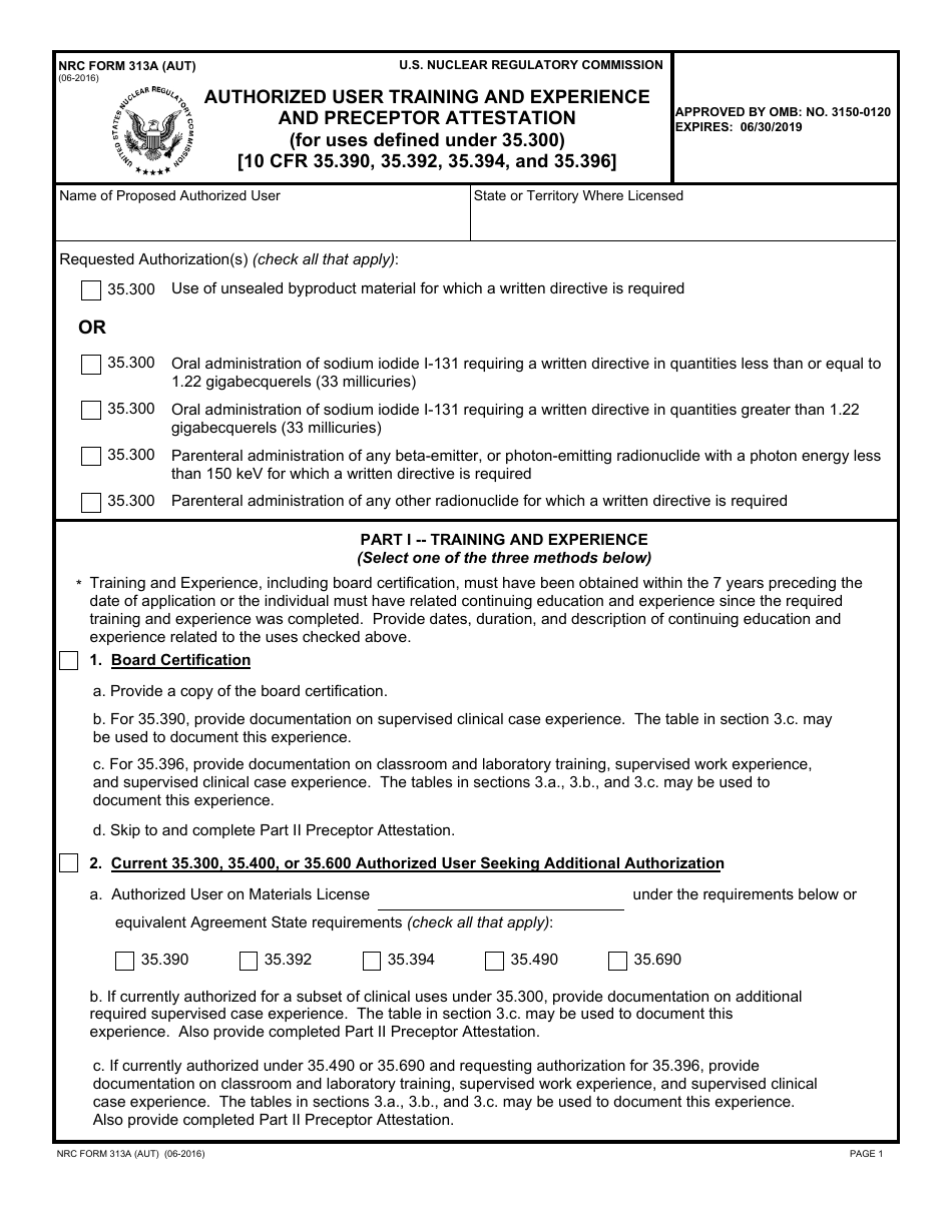 NRC Form 313A (AUT) Authorized User Training and Experience and Preceptor Attestation (For Uses Defined Under 35.300), Page 1