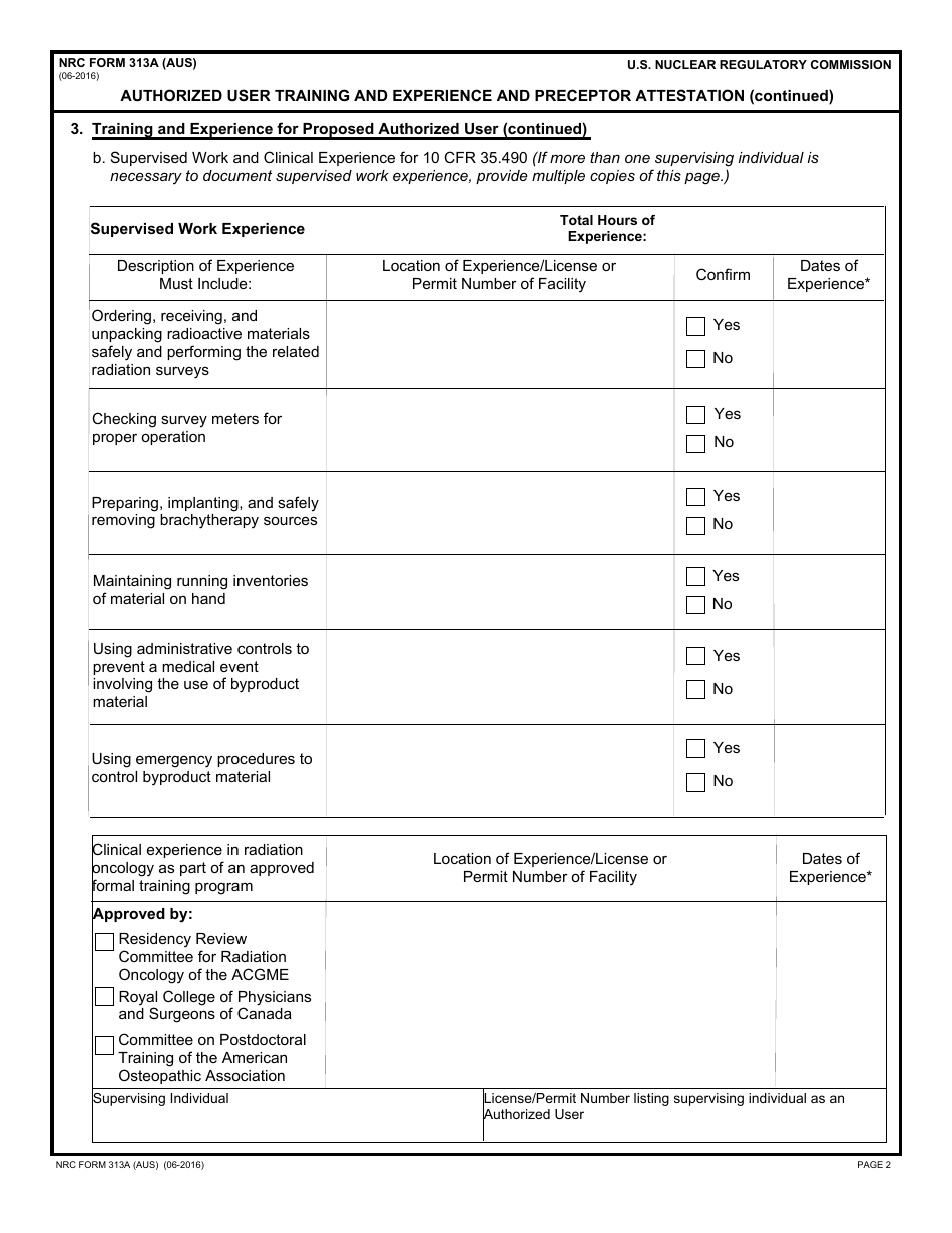 NRC Form 313A (AUS) Authorized User Training and Experience and Preceptor Attestation (For Uses Defined Under 35.400 and 35.600), Page 2