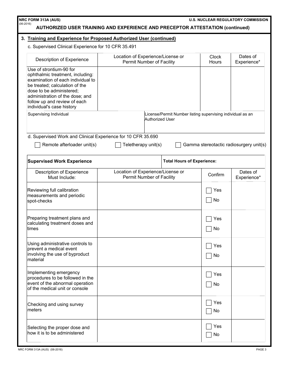 NRC Form 313A (AUS) Authorized User Training and Experience and Preceptor Attestation (For Uses Defined Under 35.400 and 35.600), Page 3
