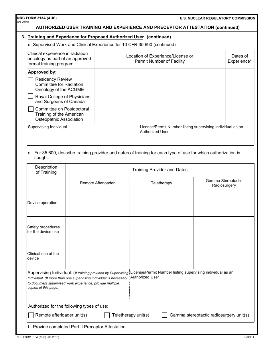 NRC Form 313A (AUS) Authorized User Training and Experience and Preceptor Attestation (For Uses Defined Under 35.400 and 35.600), Page 4