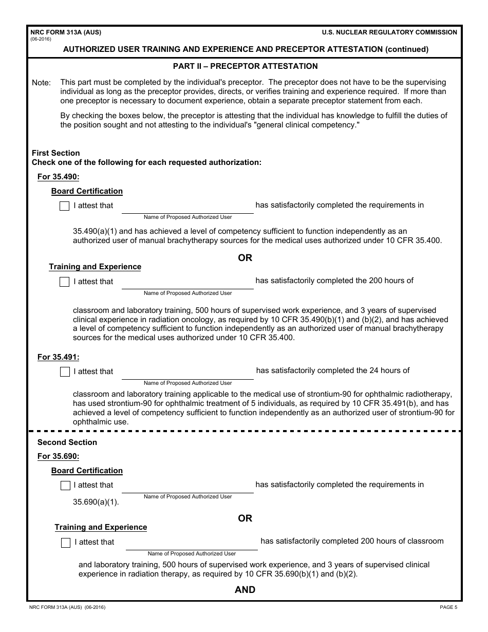 NRC Form 313A (AUS) Authorized User Training and Experience and Preceptor Attestation (For Uses Defined Under 35.400 and 35.600), Page 5
