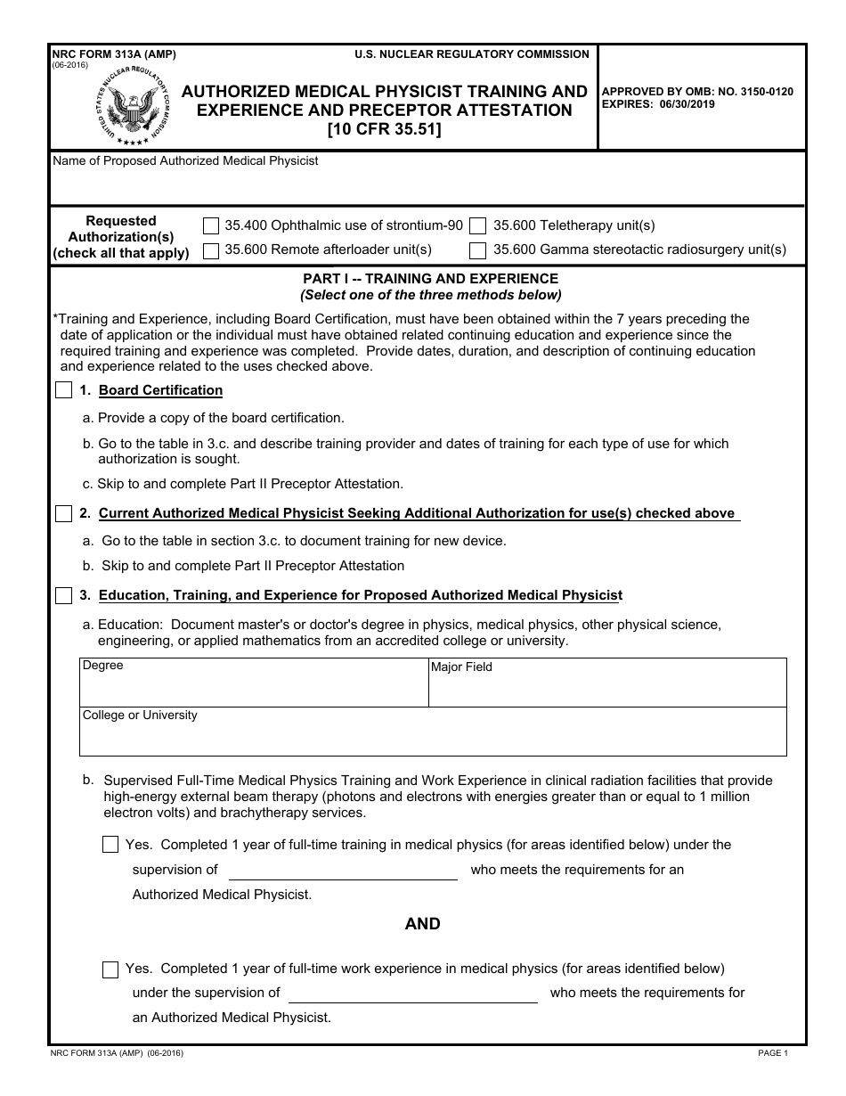 NRC Form 313A (AMP) Authorized Medical Physicist Training and Experience and Preceptor Attestation, Page 1