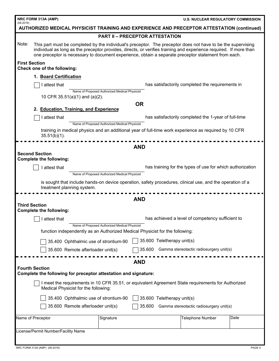 NRC Form 313A (AMP) Authorized Medical Physicist Training and Experience and Preceptor Attestation, Page 4