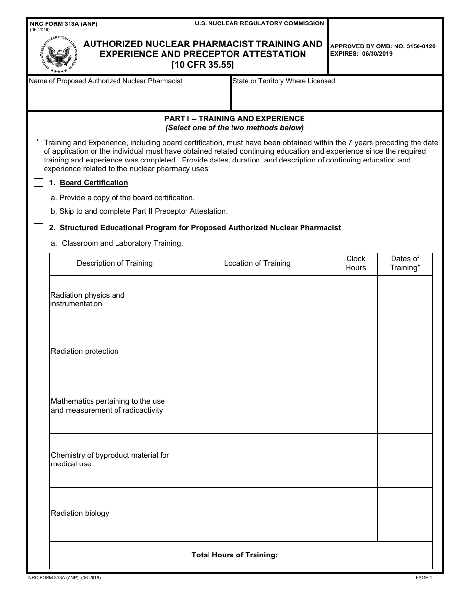 NRC Form 313 (ANP) Authorized Nuclear Pharmacist Training and Experience and Preceptor Attestation, Page 1