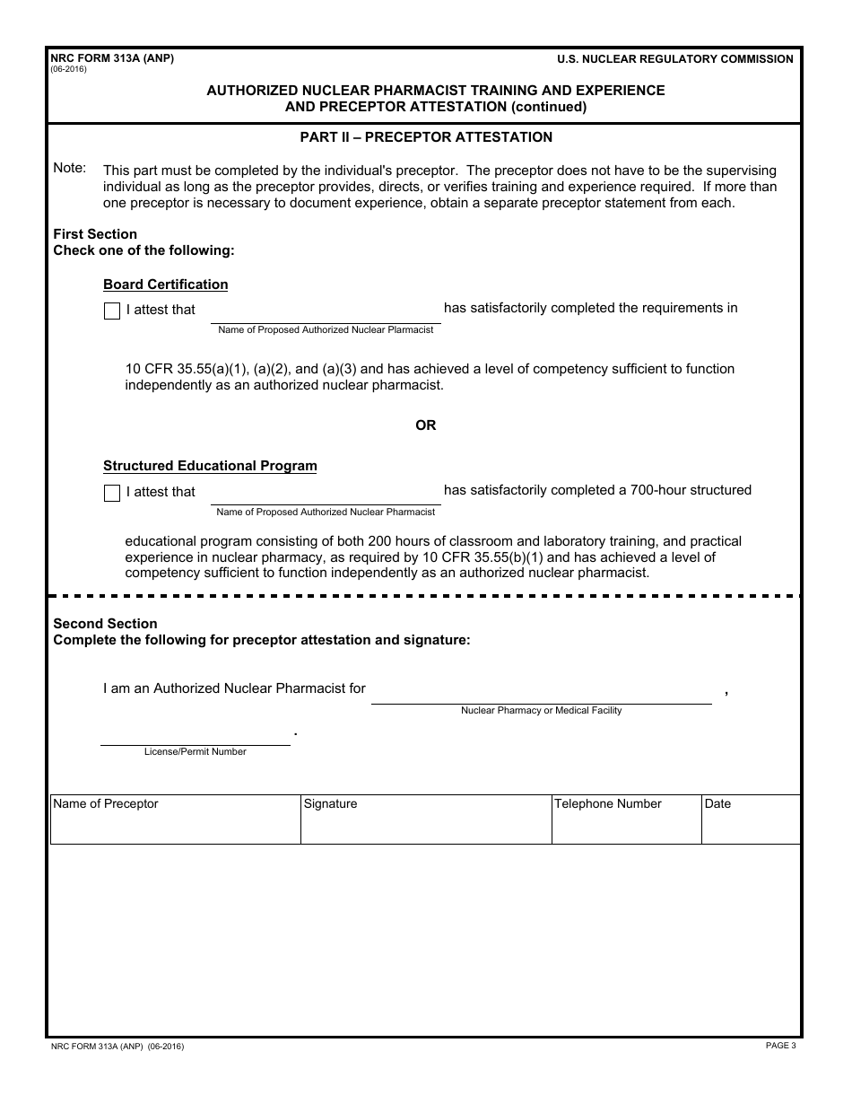 NRC Form 313 (ANP) Authorized Nuclear Pharmacist Training and Experience and Preceptor Attestation, Page 3