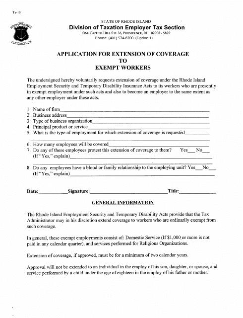 Form TX-10 Application for Extension of Coverage to Exempt Workers (Religious Organizations Only) - Rhode Island