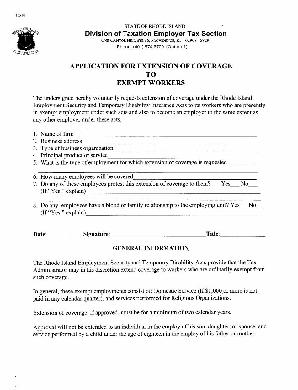 Form TX-10 Application for Extension of Coverage to Exempt Workers (Religious Organizations Only) - Rhode Island, Page 1
