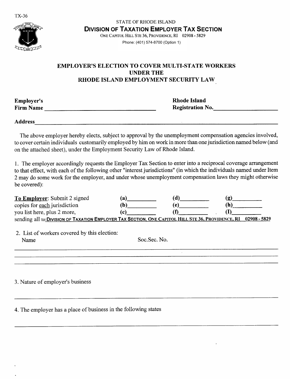 Form TX-36 Employers Election to Cover Multi-State Workers - Rhode Island, Page 1