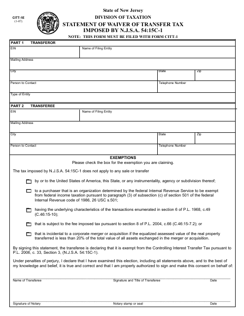 Form CITT-1E Statement of Waiver of Transfer Tax - New Jersey