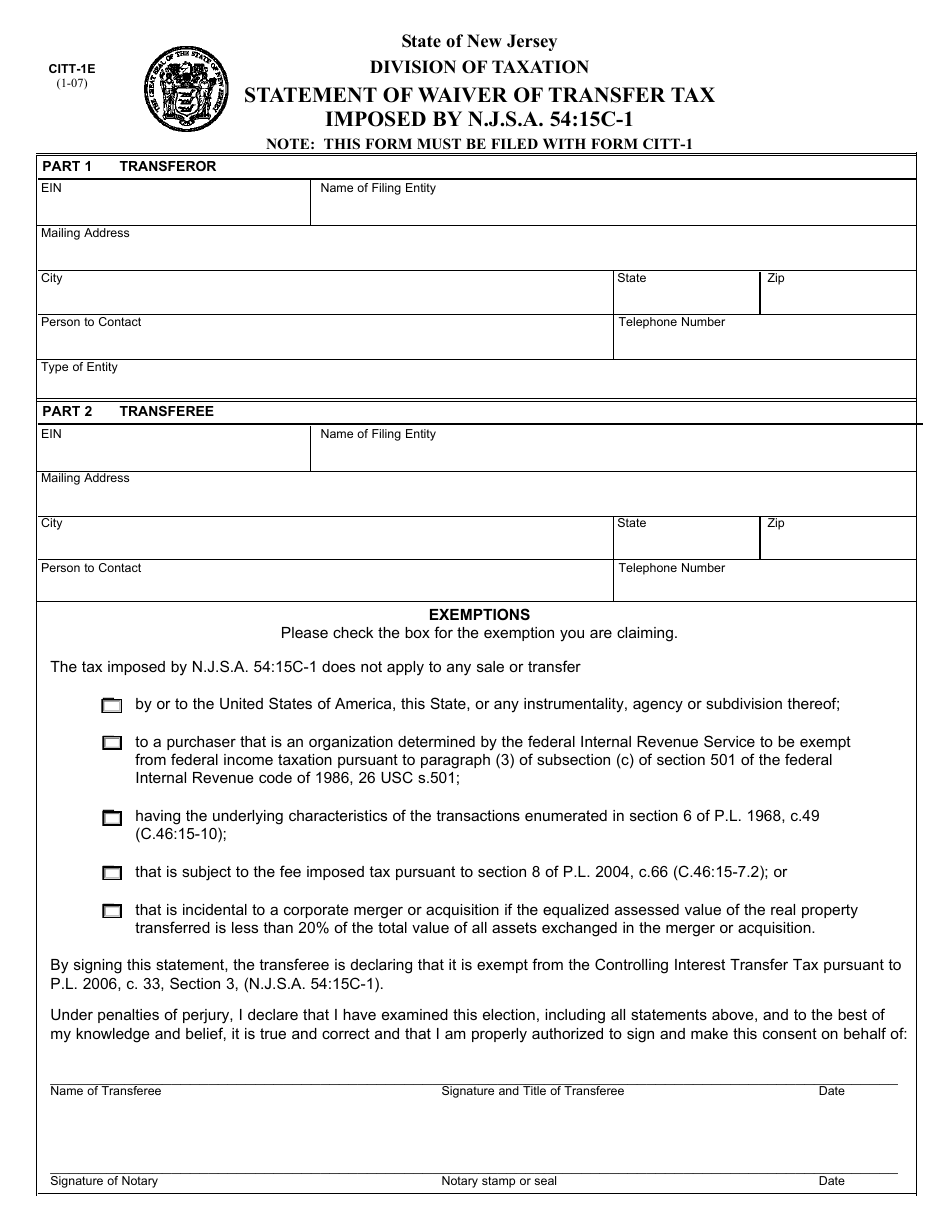 Form CITT-1E Statement of Waiver of Transfer Tax - New Jersey, Page 1
