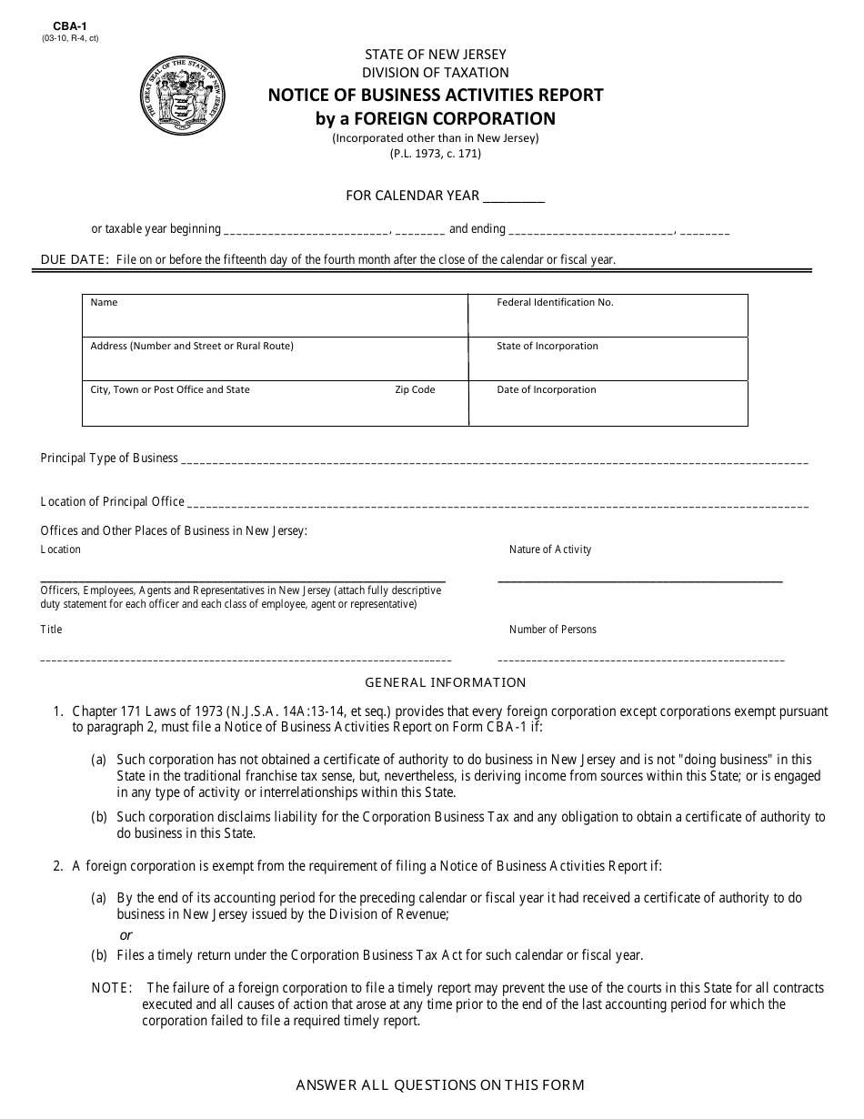 Form CBA-1 Notice of Business Activities Report by a Foreign Corporation - New Jersey, Page 1