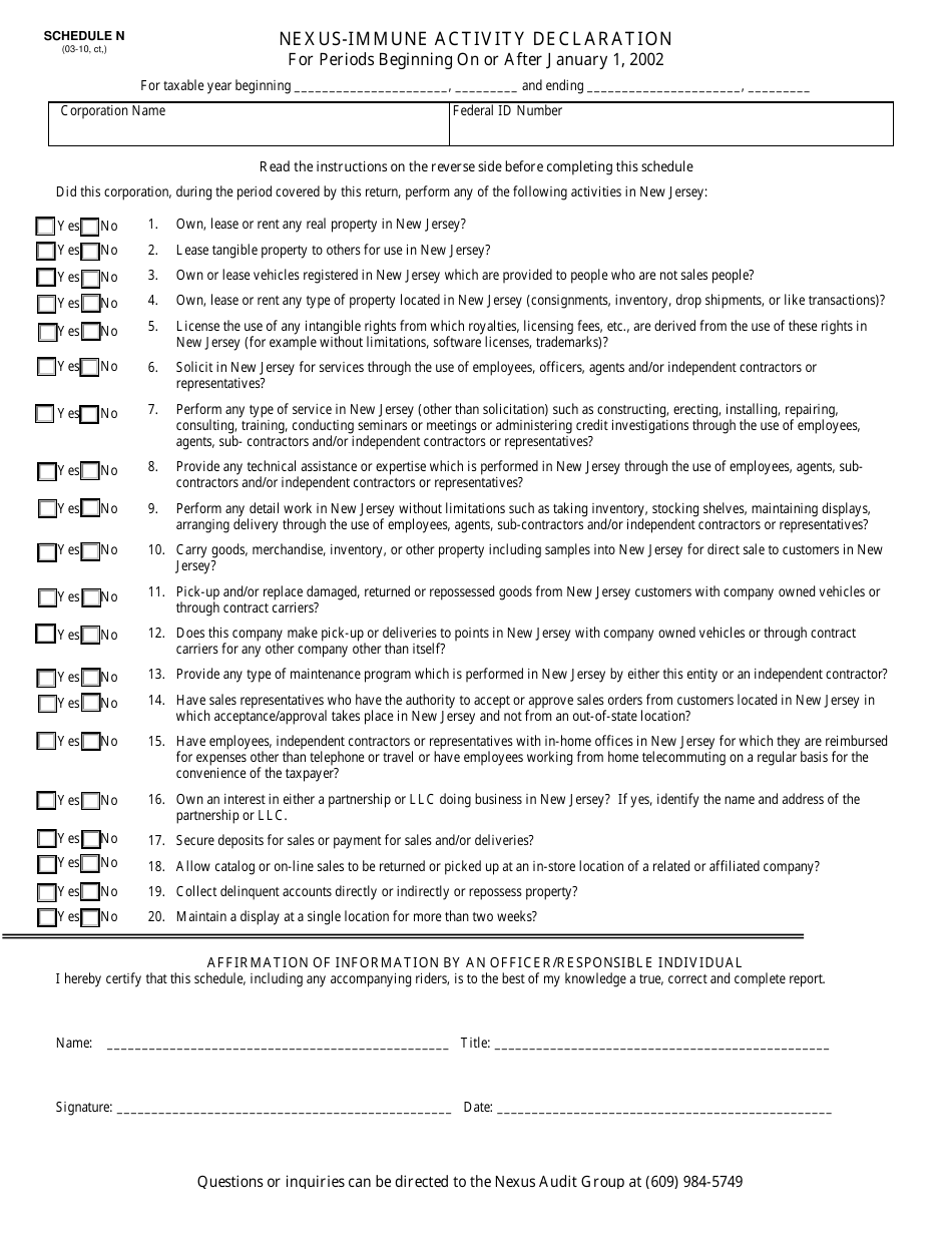 Schedule N Nexus-Immune Activity Declaration - New Jersey, Page 1
