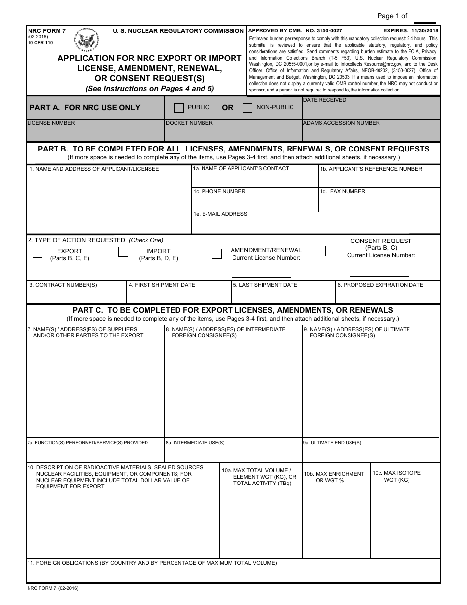 NRC Form 7 Application for NRC Export or Import License, Amendment, Renewal, or Consent Request(S), Page 1