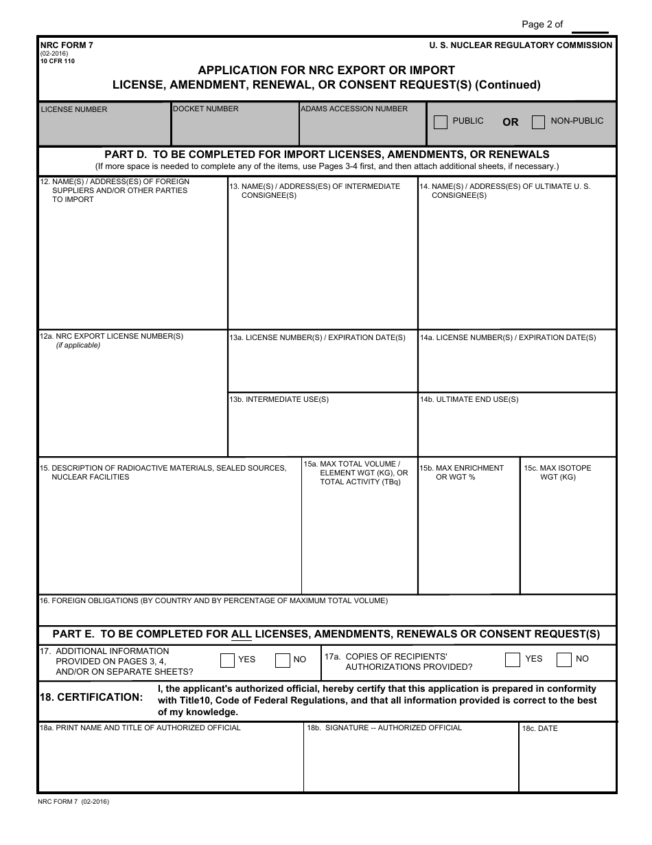 NRC Form 7 Application for NRC Export or Import License, Amendment, Renewal, or Consent Request(S), Page 2