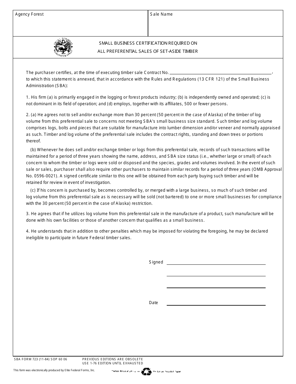 SBA Form 723 Small Business Certification Required on All Preferential Sales of Set-Aside Timber, Page 1