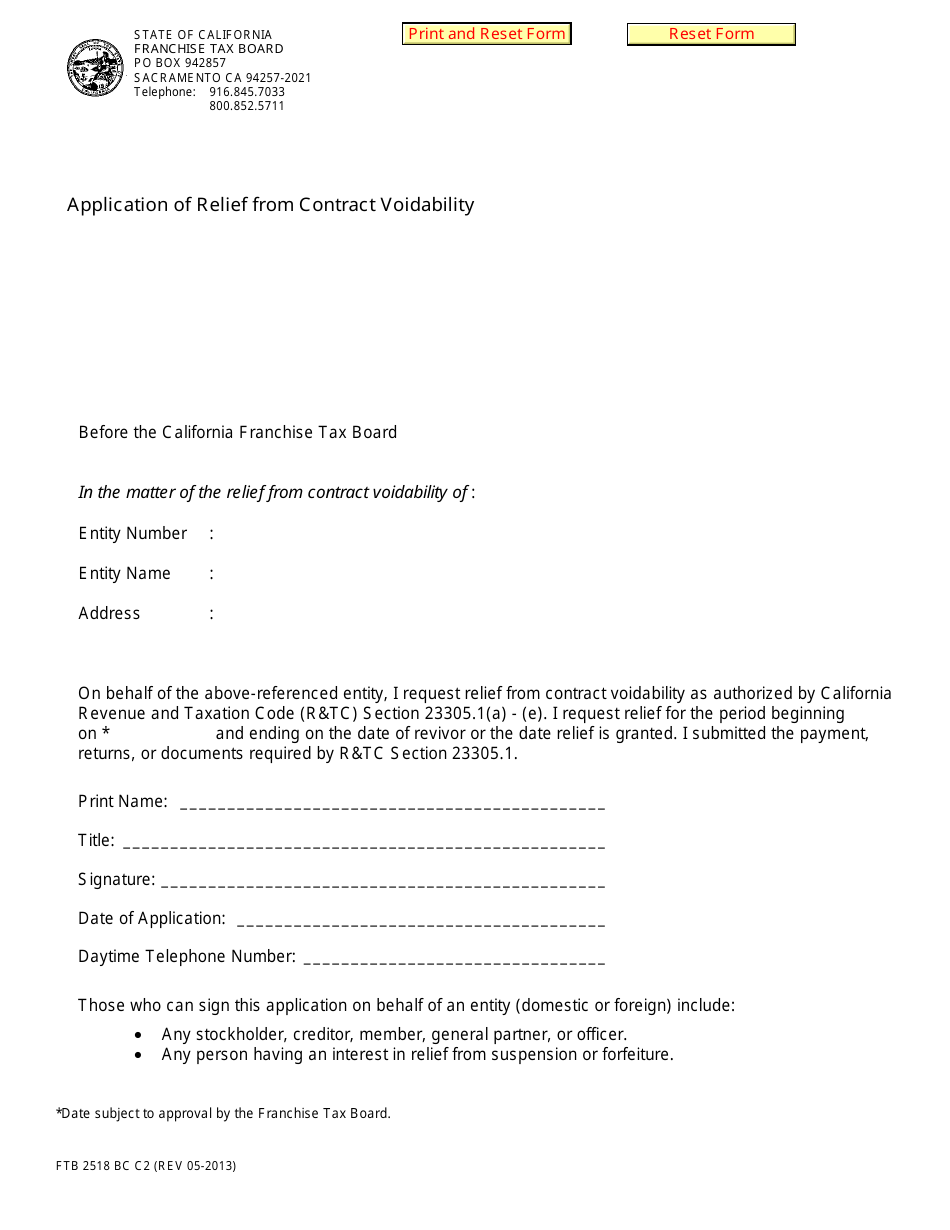 Form FTB2518 BC Application of Relief From Contract Voidability - California, Page 1