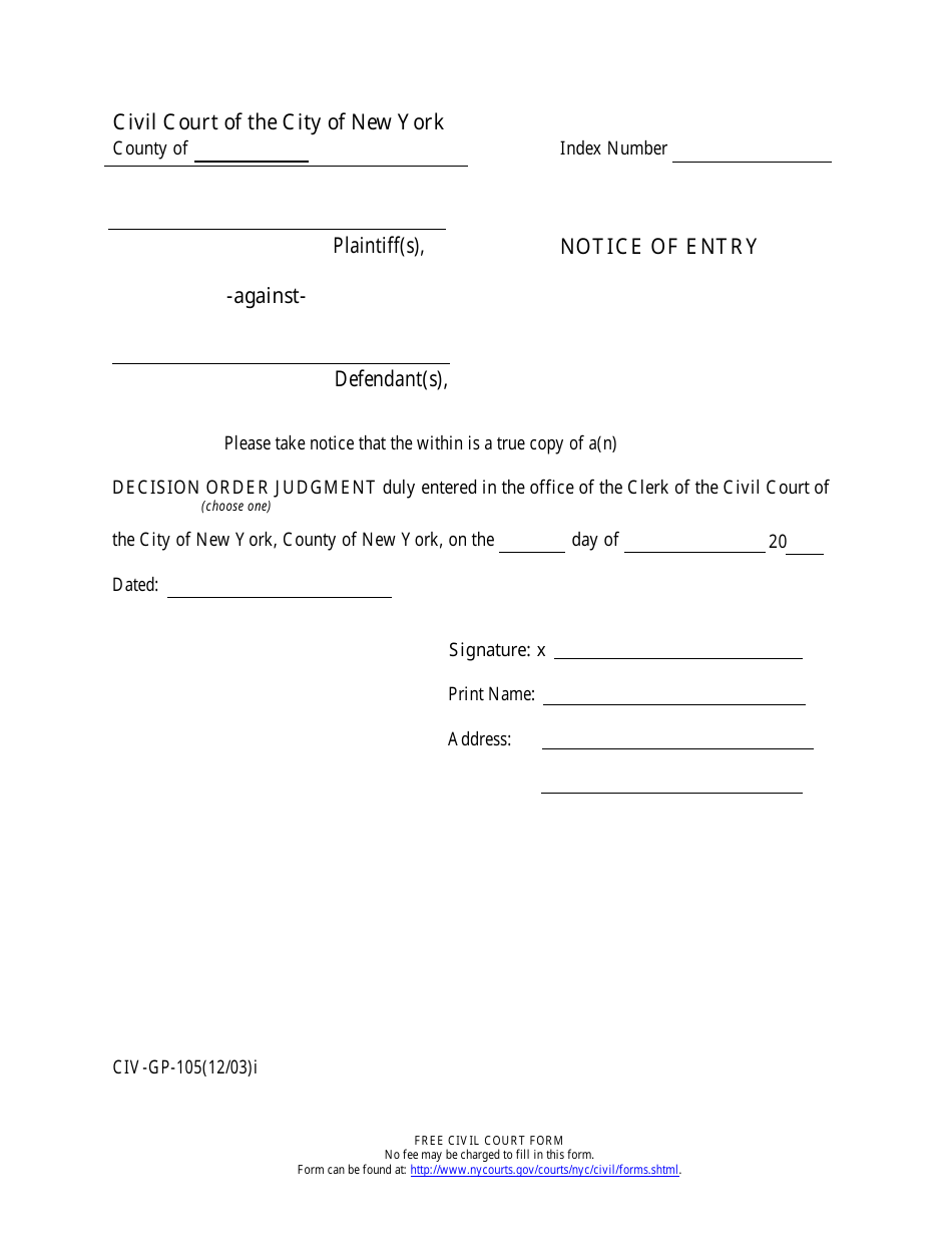 Form CIV-GP-105 Notice of Entry - New York, Page 1