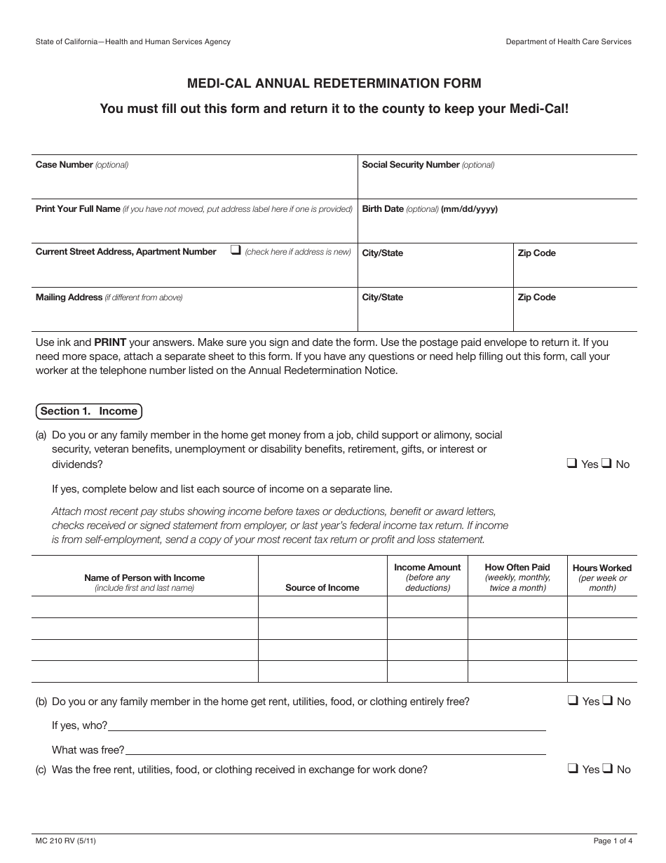 Form MC210 RV Medi-Cal Annual Redetermination Form - California, Page 1