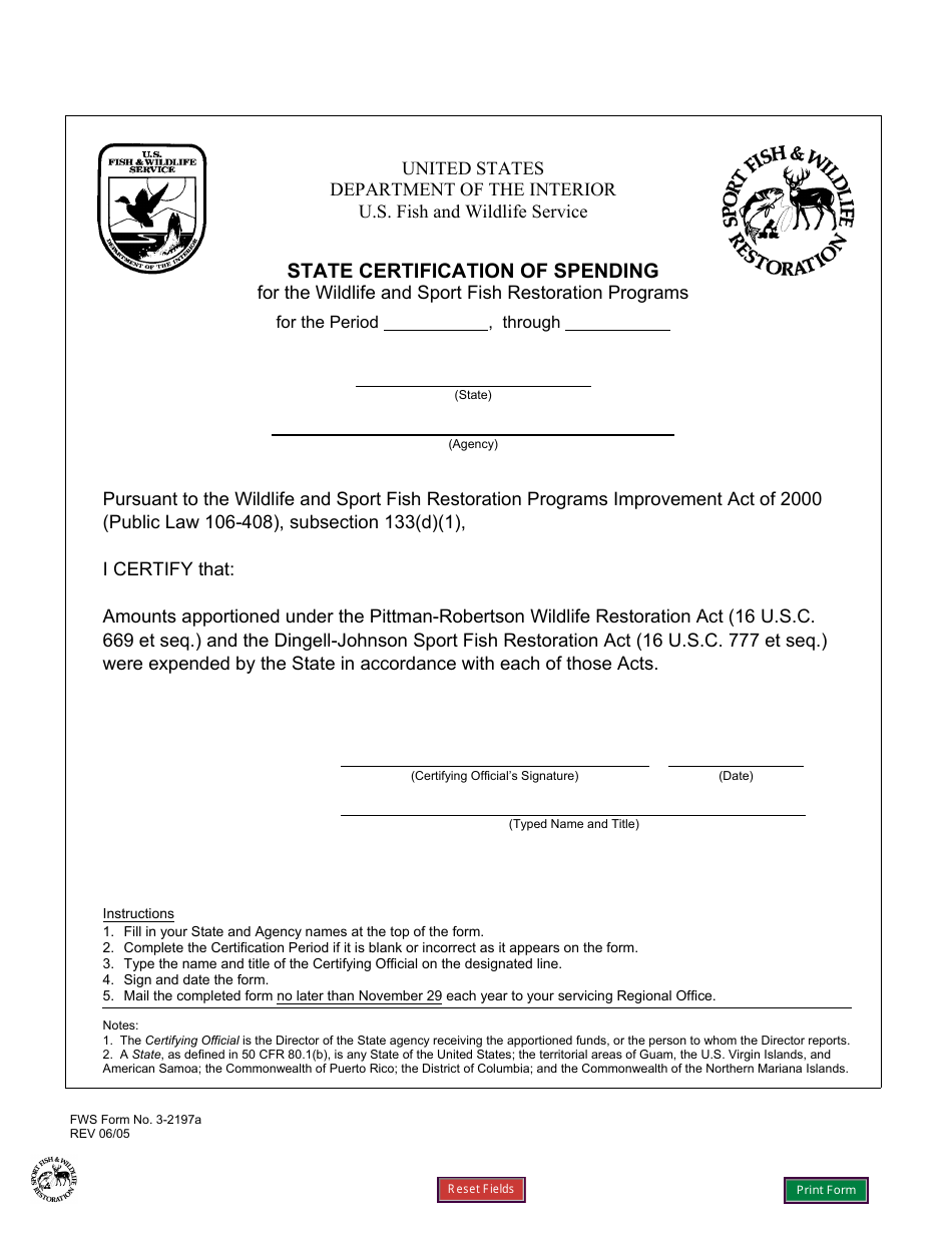 FWS Form 3-2197A State Certification of Spending, Page 1