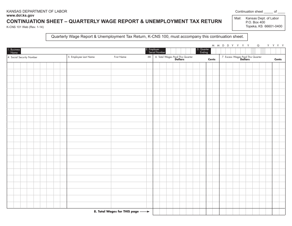 Form K-CNS101 Continuation Sheet - Quarterly Wage Report  Unemployment Tax Return - Kansas, Page 1