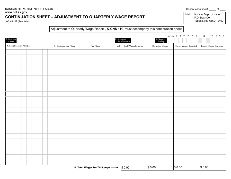 Form K-CNS112 Continuation Sheet - Adjustment to Quarterly Wage Report - Kansas, Page 1