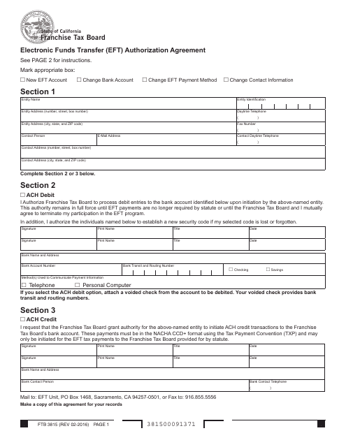 Form FTB3815 Electronic Funds Transfer (Eft) Authorization Agreement - California