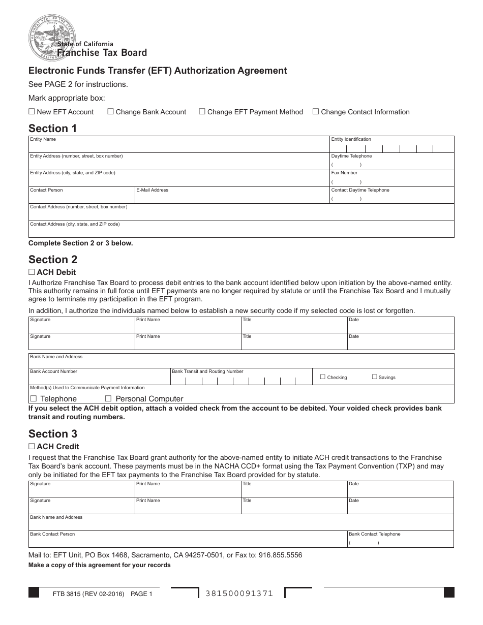 Form FTB3815 Electronic Funds Transfer (Eft) Authorization Agreement - California, Page 1