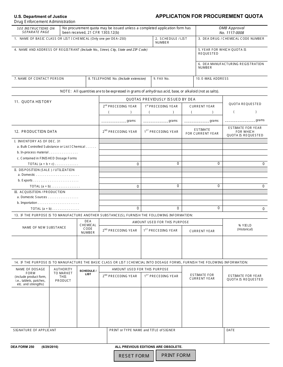 DEA Form 250 Application for Procurement Quota, Page 1
