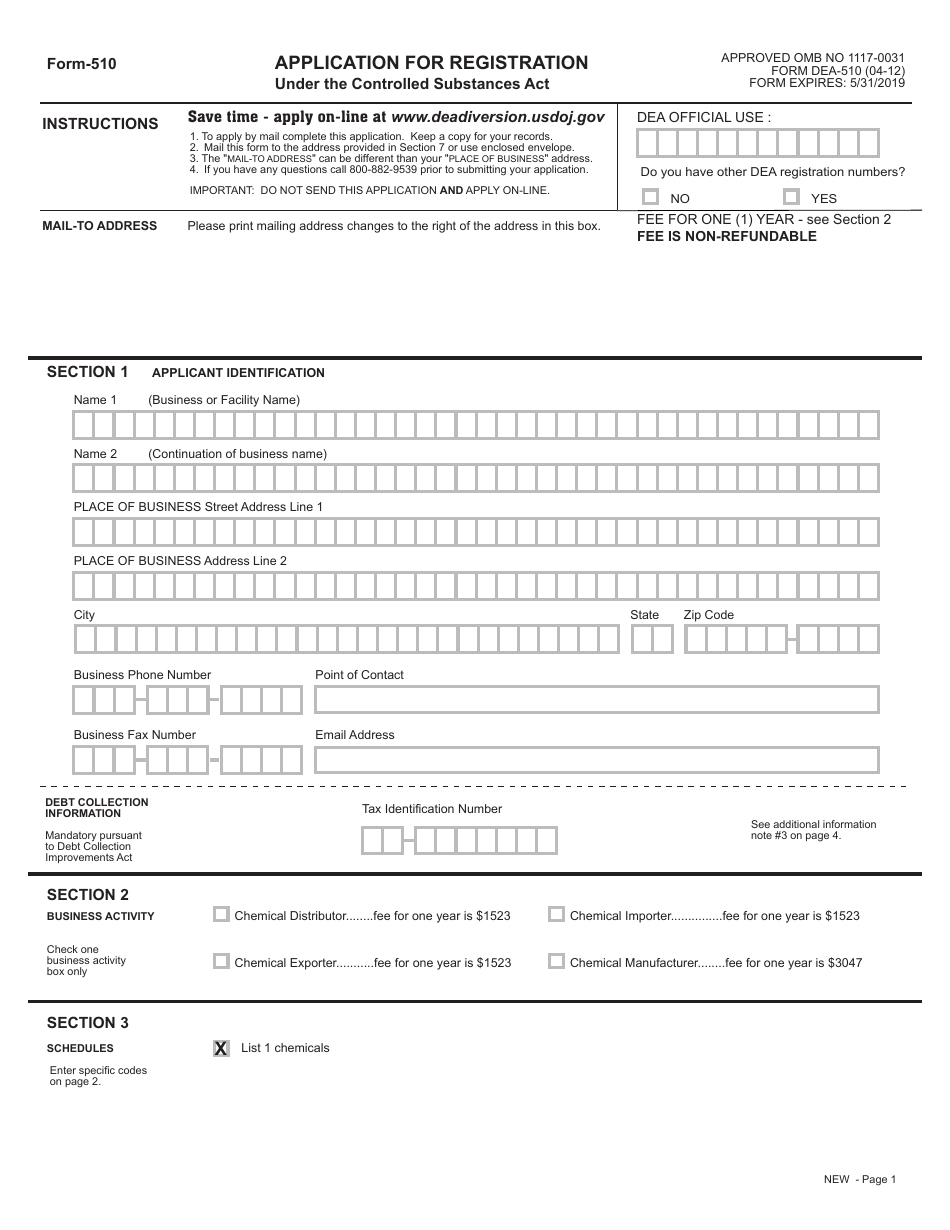 DEA Form 510 Application for Registration, Page 1